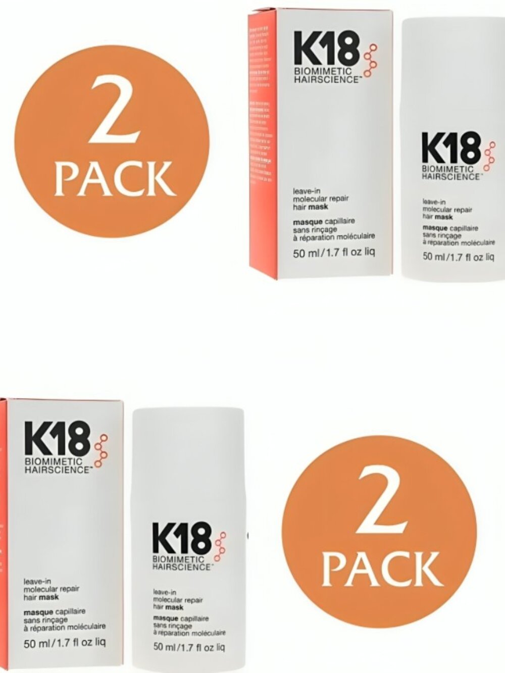 K18 Leave-In Molecular Repair Hair Mask 50ml Hair Treatment NIB Pack of 2